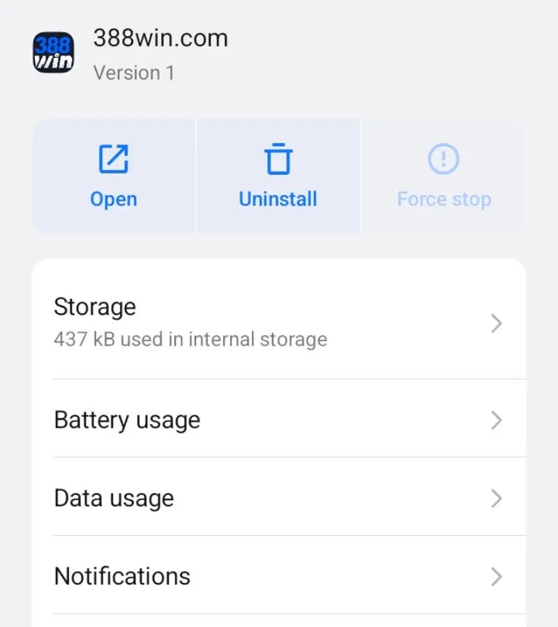 388Win APK App Info showing Version 1 on Android