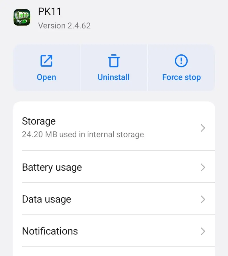 PK11 APK App Info showing Version 2.4.62 on Android