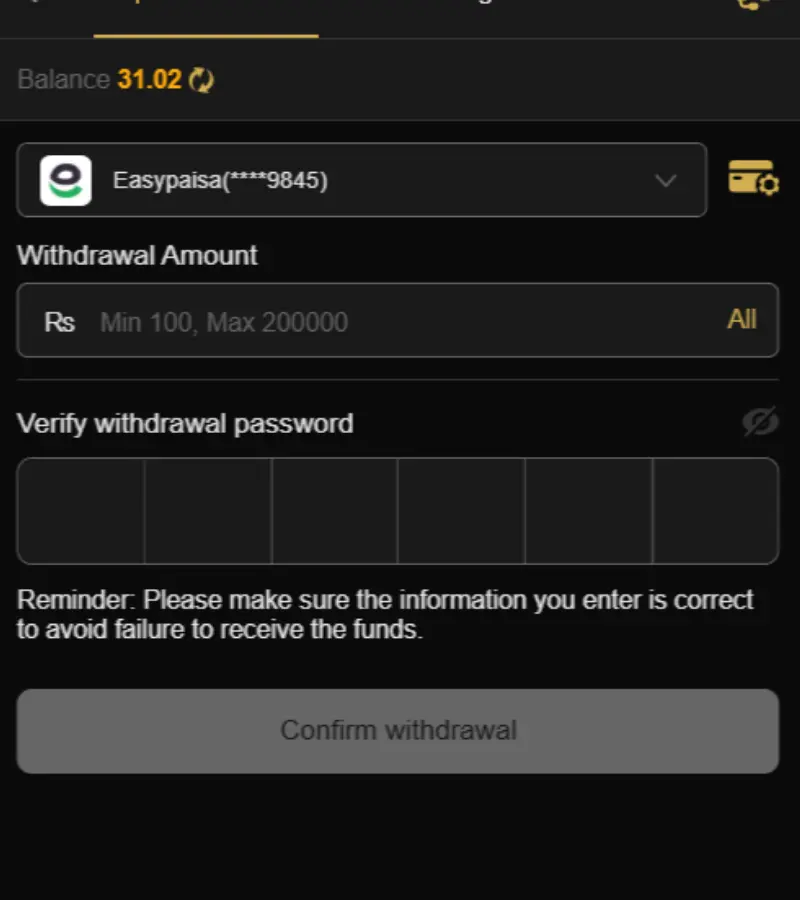 666P withdrawal screen showing cash out options