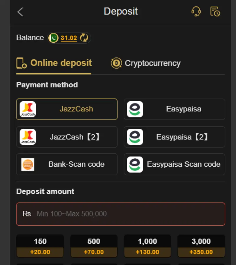 666P deposit screen showing payment options
